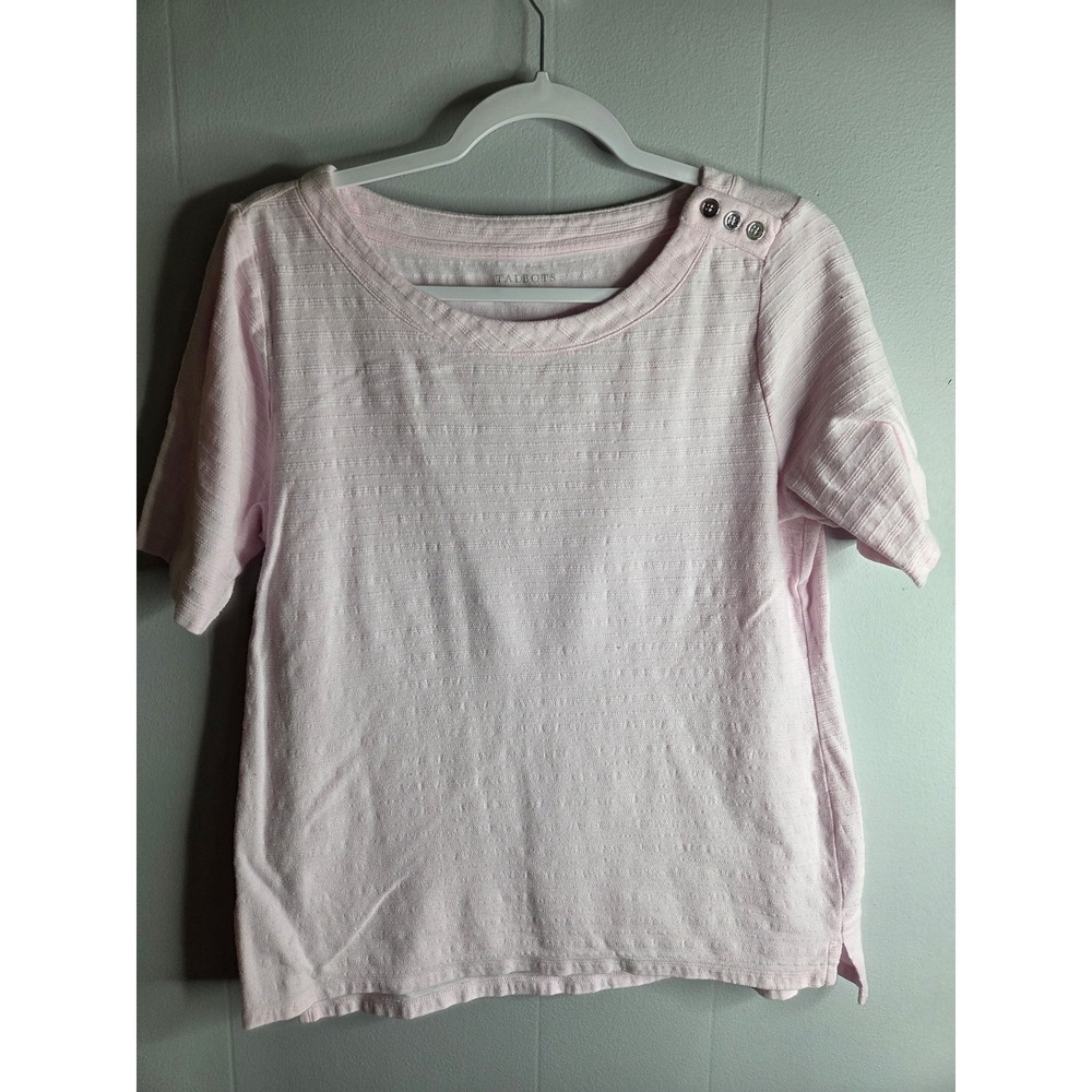 Talbots Women Pink Textured Cotton Scoop Neck Short Sleeve Button Shoulder Top M